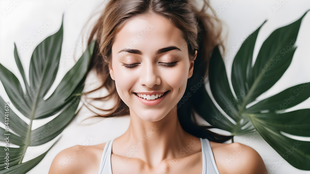 A woman wearing yoga clothes lies comfortably with her eyes closed. She has a smile on her face. A woman wearing yoga clothes lies comfortably with her eyes closed. She has a smile on her face.