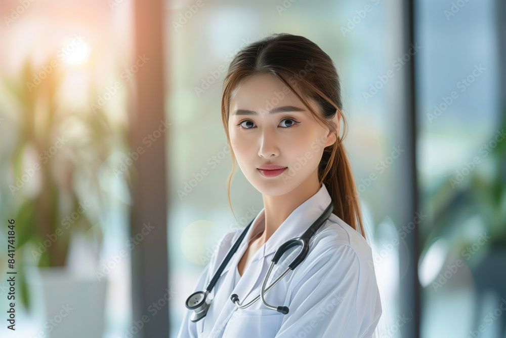 A beautiful Asian female doctor in white medical attire, looking directly at the camera with a kind expression in her eyes. Her long hair is tied back into an elegant hairstyle, an A beautiful Asian female doctor in white medical attire, looking directly at the camera with a kind expression in her eyes. Her long hair is tied back into an elegant hairstyle, an