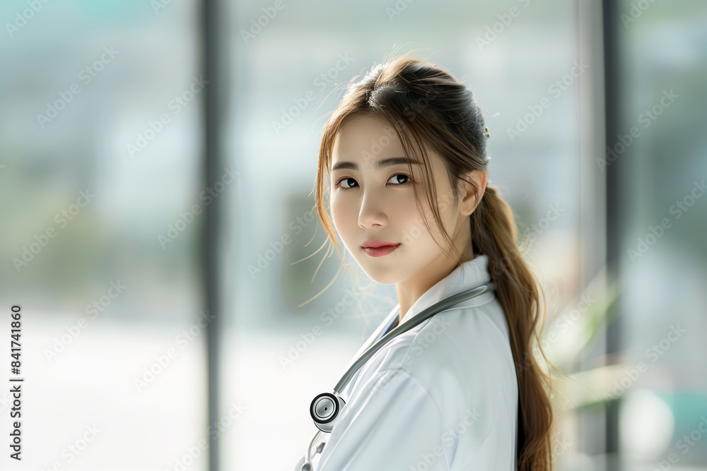 A portrait of a beautiful Asian female doctor, dressed in white and looking at the camera with a gentle, kind expression. Her long hair is elegantly tied back, and a stethoscope ha A portrait of a beautiful Asian female doctor, dressed in white and looking at the camera with a gentle, kind expression. Her long hair is elegantly tied back, and a stethoscope ha