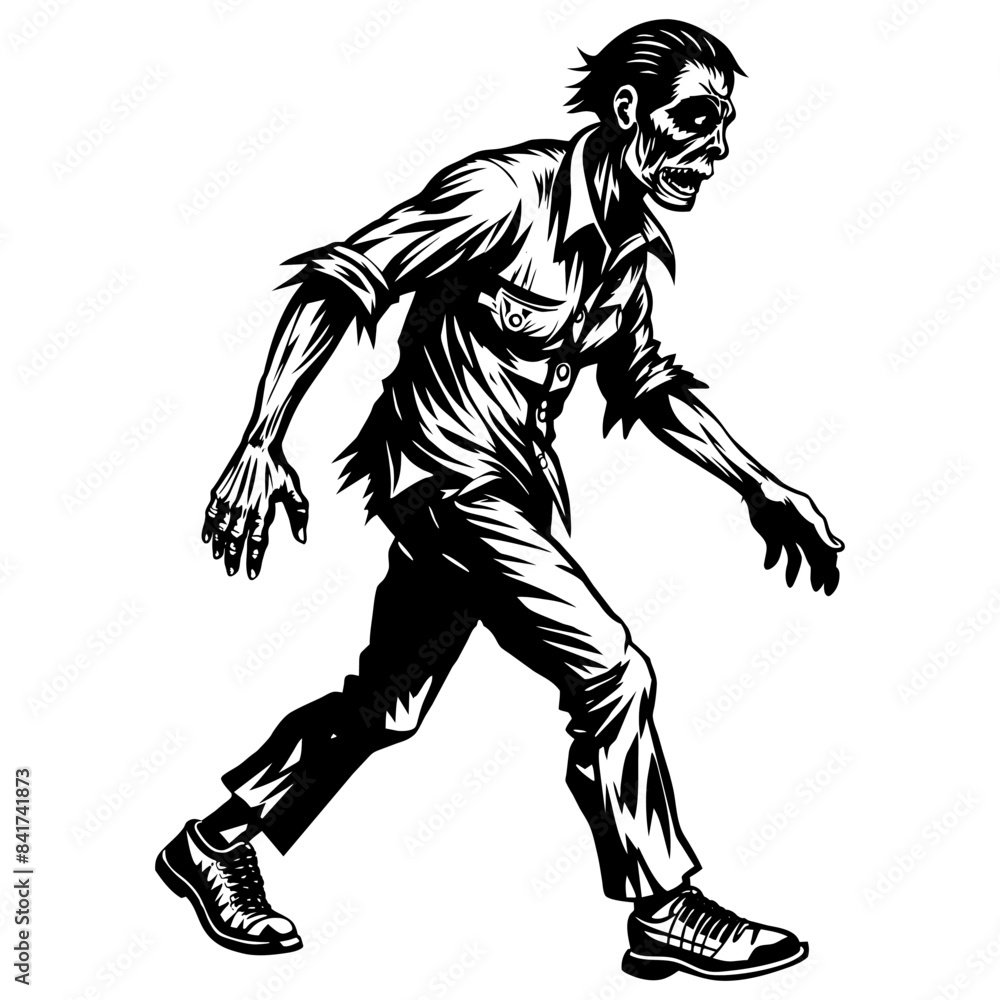 Obraz premium Black and white illustration depicting a zombie man walking ominously, perfect for halloween themed projects and horror designs