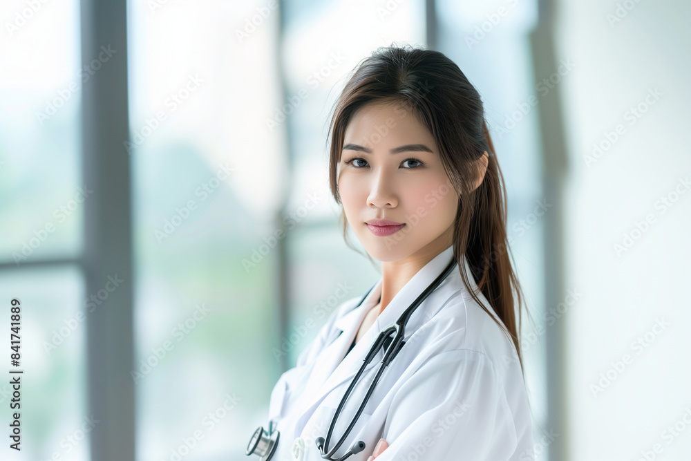 A portrait of a beautiful Asian female doctor, dressed in white and looking at the camera with a gentle, kind expression. Her long hair is elegantly tied back, and a stethoscope ha A portrait of a beautiful Asian female doctor, dressed in white and looking at the camera with a gentle, kind expression. Her long hair is elegantly tied back, and a stethoscope ha