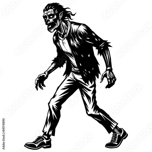 Eerie black and white zombie man illustration walking in the night, a spooky and ghoulish undead creature, reanimated and decaying, perfect for halloween and horror graphic artwork