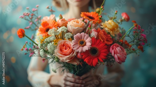 Cinematic Bouquet of Assorted Flowers in Intense Colors Close Up with Double Exposure Silhouette and Vintage Background, Copy Space Available