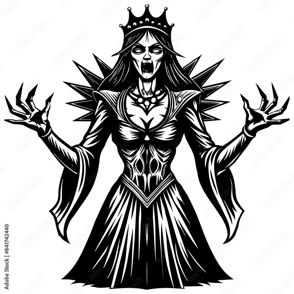 Eerie gothic zombie queen illustration with spooky halloween woman wearing crown, in dark and macabre fantasy art design Eerie gothic zombie queen illustration with spooky halloween woman wearing crown, in dark and macabre fantasy art design