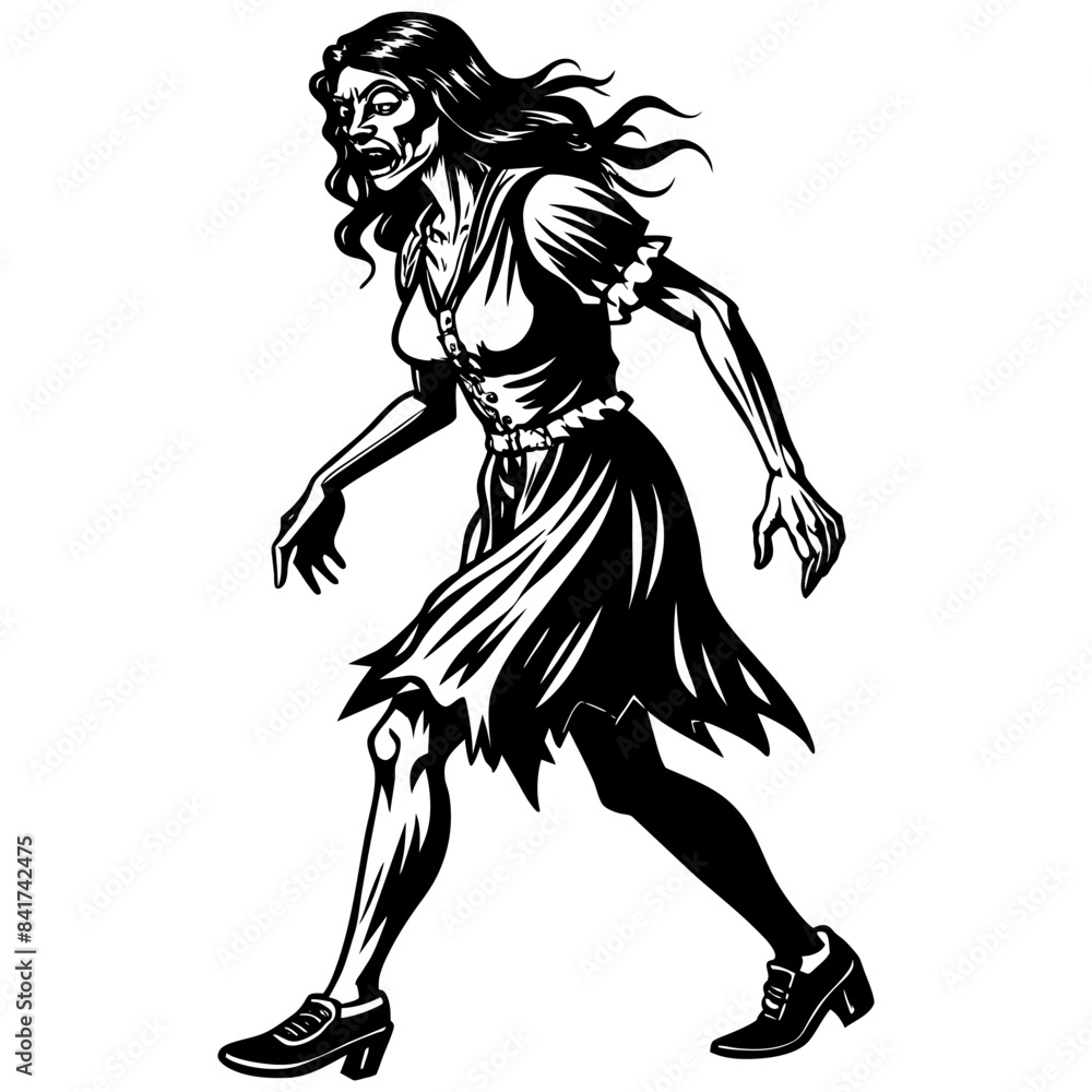 Black and white illustration of frightening female zombie walking for halloween designs and horror concepts Black and white illustration of frightening female zombie walking for halloween designs and horror concepts