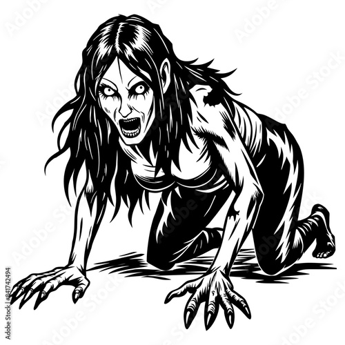 Black and white terrifying female zombie crawling for halloween graphics, horror designs, and spooky creative projects
