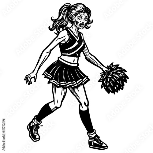 Zombie girl in cheerleader uniform, blending horror with spirited energy for halloween design