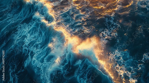 Fiery ocean waves crashing with golden light reflections