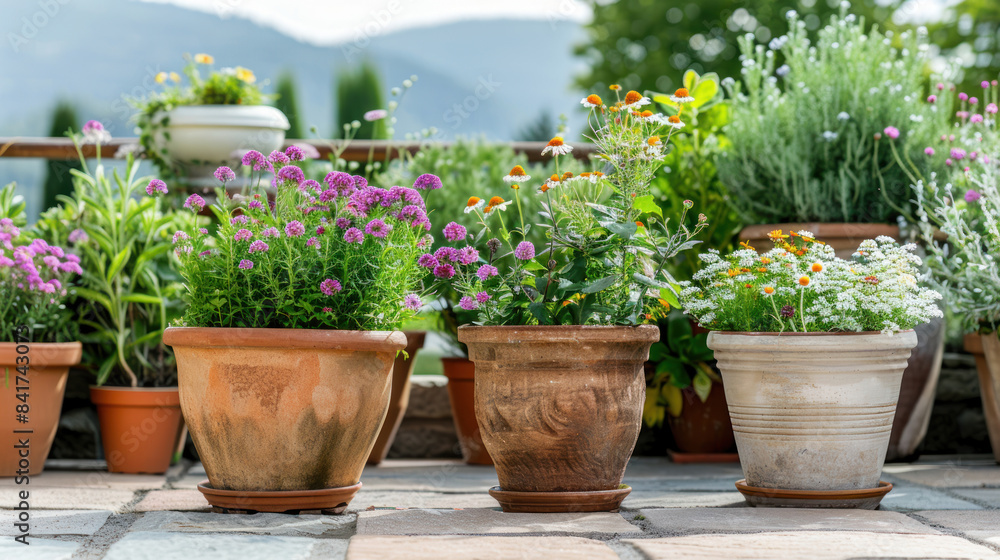Container garden on a patio with a mix of flowers and herbs Container garden on a patio with a mix of flowers and herbs