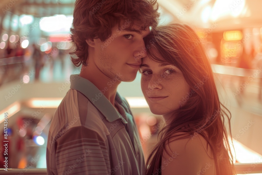 Portrait of a tender couple in their 20s wearing a sporty polo shirt in bustling shopping mall Portrait of a tender couple in their 20s wearing a sporty polo shirt in bustling shopping mall