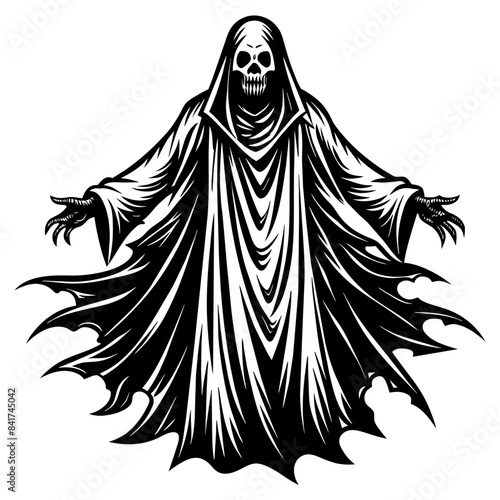 Black and white illustration of a menacing ghost for halloween themes, scary designs, and supernatural concept artwork