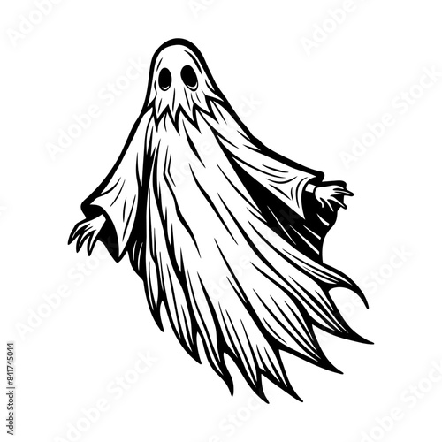Spooky floating ghost or spirit for halloween party invitation and seasonal decoration in monochrome design, featuring an eerie and supernatural phantom apparition