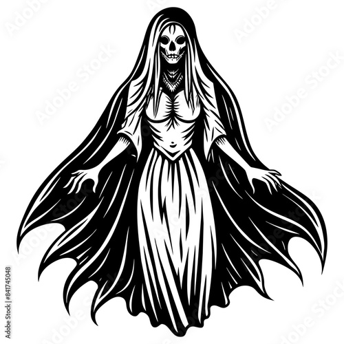 Chilling black and white graphic of a ghostly figure woman for halloween designs, horror projects, and spooky decorations