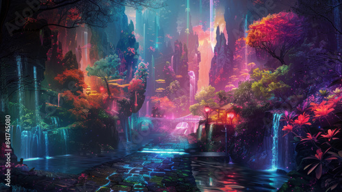 Digital illustration of a fantasy scene with vibrant colors and details