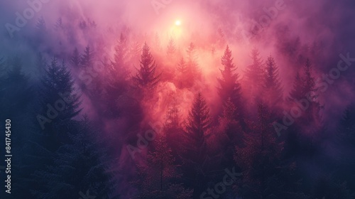 Enchanting Ultra HD Sunrise Forest Close-Up with Double Exposure Silhouette and Copy Space © Pittaya