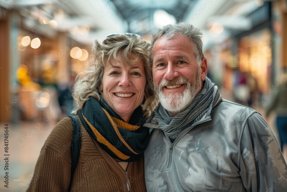 Portrait of a cheerful caucasian couple in their 40s showing off a thermal merino wool top on bustling shopping mall Portrait of a cheerful caucasian couple in their 40s showing off a thermal merino wool top on bustling shopping mall