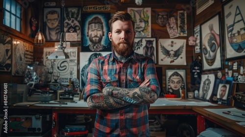 The picture of the tattoo artist is working inside the workshop that has been filled with various tattoo, the tattoo artist require skill like safety, creativity and tattoo painting technique. AIG43.