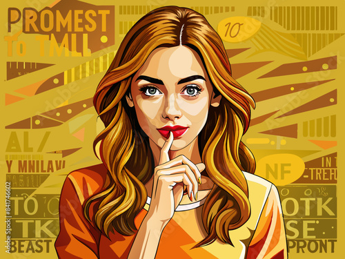 Pretty young woman with stains asking to keep secret, Shh shy sly people person modern concept