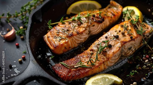 Cooking trout steak in a cast iron pan with aromatic herbs
