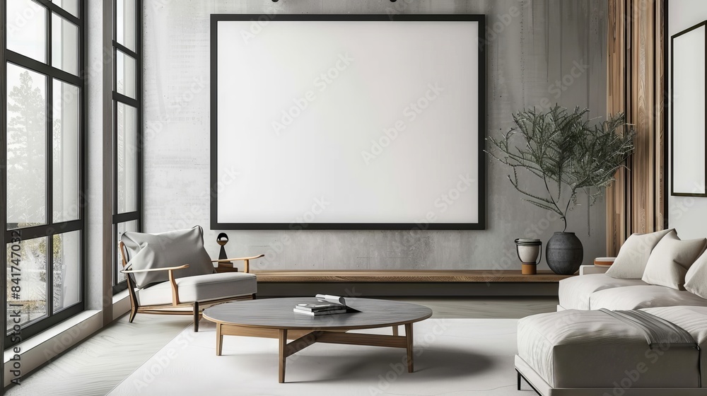 Minimalist living room with a modern mockup frame on a blank wall, surrounded by sleek furniture, clean background Minimalist living room with a modern mockup frame on a blank wall, surrounded by sleek furniture, clean background