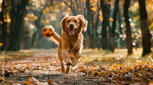 Dog playing fetch with a ball in a park