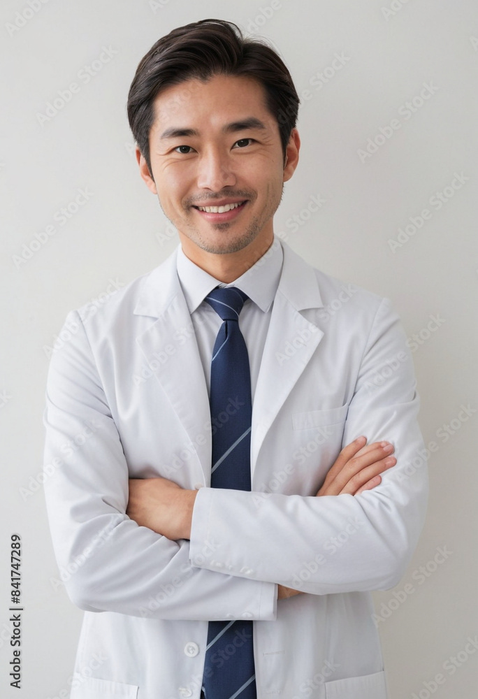 A Japanese male pharmacist, in his early thirties, wearing a tie and a white coat, with no facial hair, embodies simplicity and cleanliness, giving a gentle impression. A Japanese male pharmacist, in his early thirties, wearing a tie and a white coat, with no facial hair, embodies simplicity and cleanliness, giving a gentle impression.