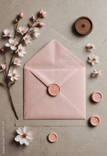 dusty pink vintage envelope with wax stamp , in vintage with dusty pink details, realistic white almond tree flowers, in abandoned floor background, beige and white colour