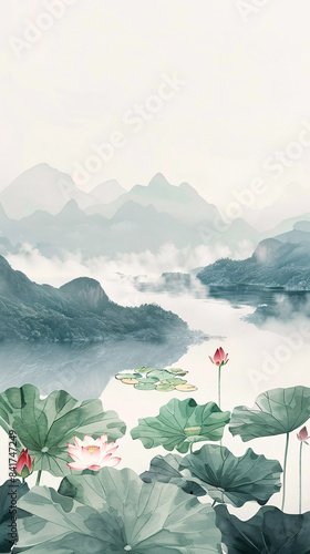 Summer Chinese style lotus landscape painting
