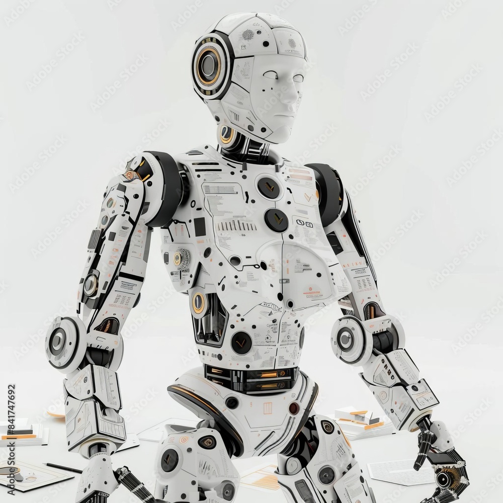 Graphic of 3D model of an AIpowered robot presenting business management strategies with abstract art elements Graphic of 3D model of an AIpowered robot presenting business management strategies with abstract art elements