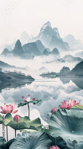 Summer Chinese style lotus landscape painting
