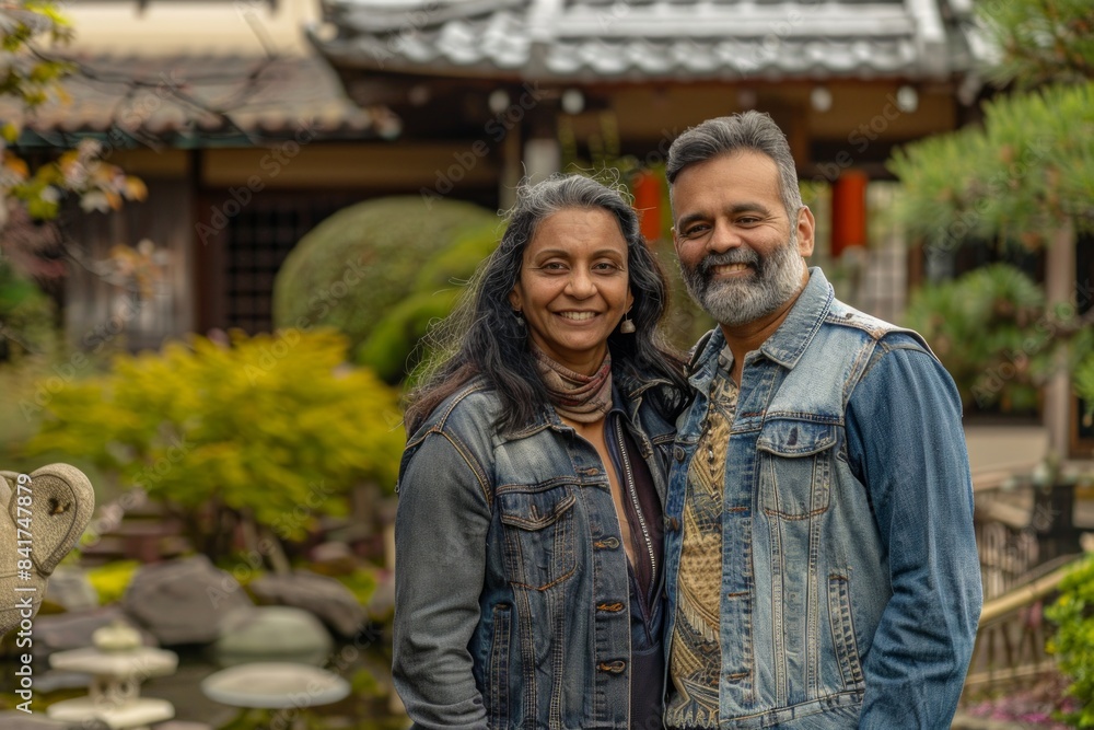 Portrait of a satisfied indian couple in their 30s wearing a rugged jean vest isolated on backdrop of a traditional japanese garden Portrait of a satisfied indian couple in their 30s wearing a rugged jean vest isolated on backdrop of a traditional japanese garden