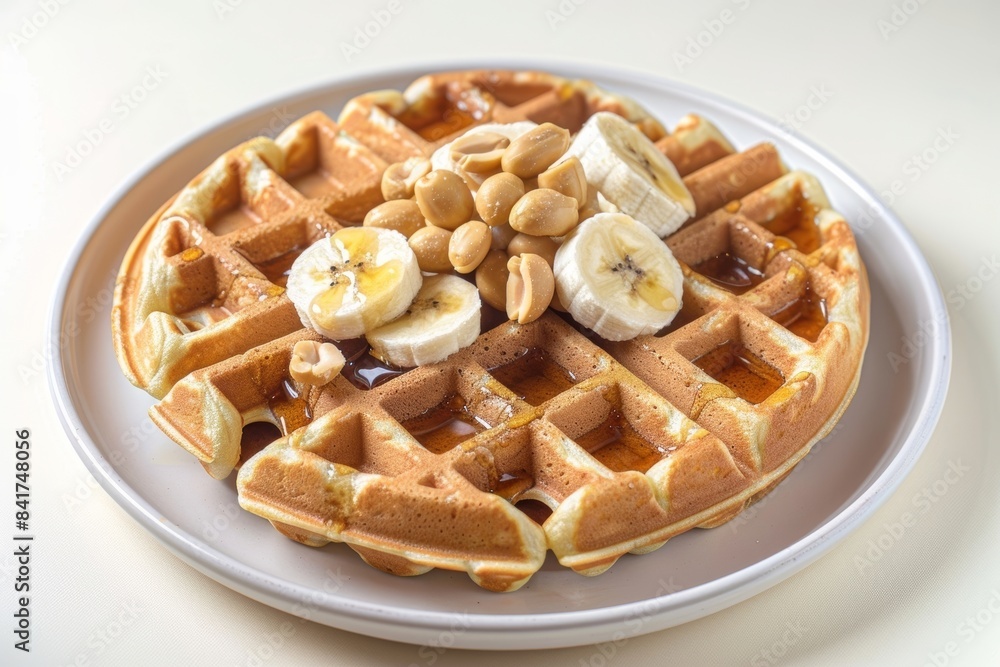 Golden Brown Waffles Topped with Sliced Bananas and Chopped Peanuts Golden Brown Waffles Topped with Sliced Bananas and Chopped Peanuts