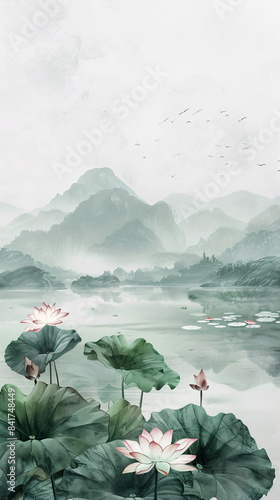 Summer Chinese style lotus landscape painting
