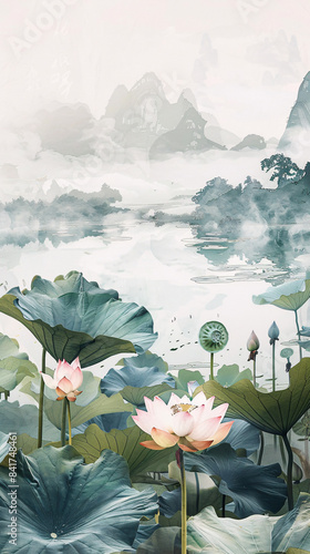 Summer Chinese style lotus landscape painting

