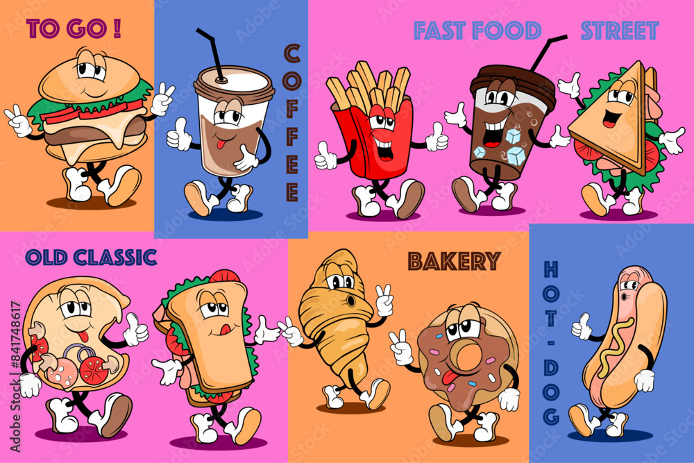 set of fast food cartoon, cartoon character for food street , hot dog, sandwich and French fries, retro groovy style, cute dog food cartoon character vector illustration set of fast food cartoon, cartoon character for food street , hot dog, sandwich and French fries, retro groovy style, cute dog food cartoon character vector illustration