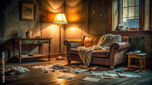 Dimly lit interior scene with worn-out furniture, scattered papers, and a lonely, crumpled blanket, conveying a sense of despair, hopelessness, and emotional turmoil. photo