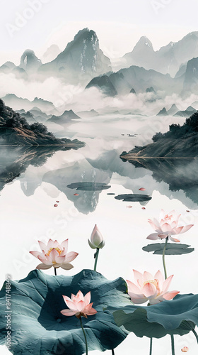 Summer Chinese style lotus landscape painting
