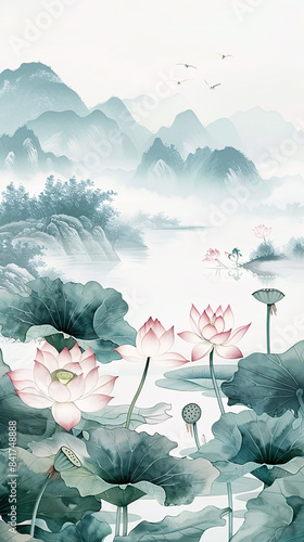 Summer Chinese style lotus landscape painting
