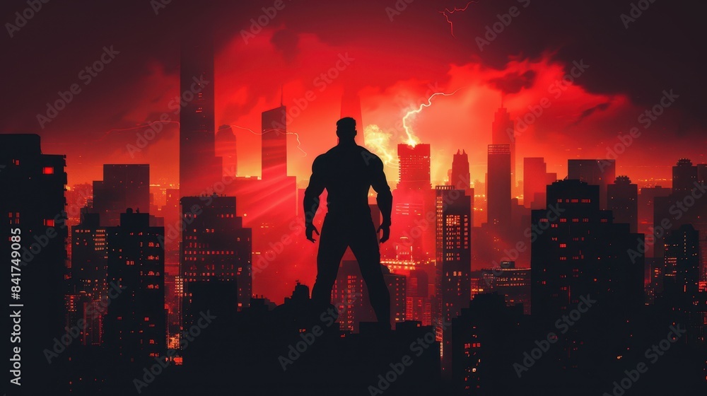 Exploring the contrast of weakness and strength, copy space, power struggle theme, futuristic, silhouette, cityscape backdrop Exploring the contrast of weakness and strength, copy space, power struggle theme, futuristic, silhouette, cityscape backdrop