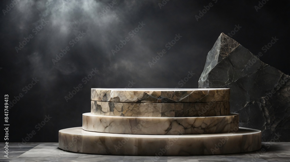 podium for presentation product of marble rock on dark background with fog and shine background, best mockup for presentation man product, masculine, lexury and gentle podium for presentation product of marble rock on dark background with fog and shine background, best mockup for presentation man product, masculine, lexury and gentle