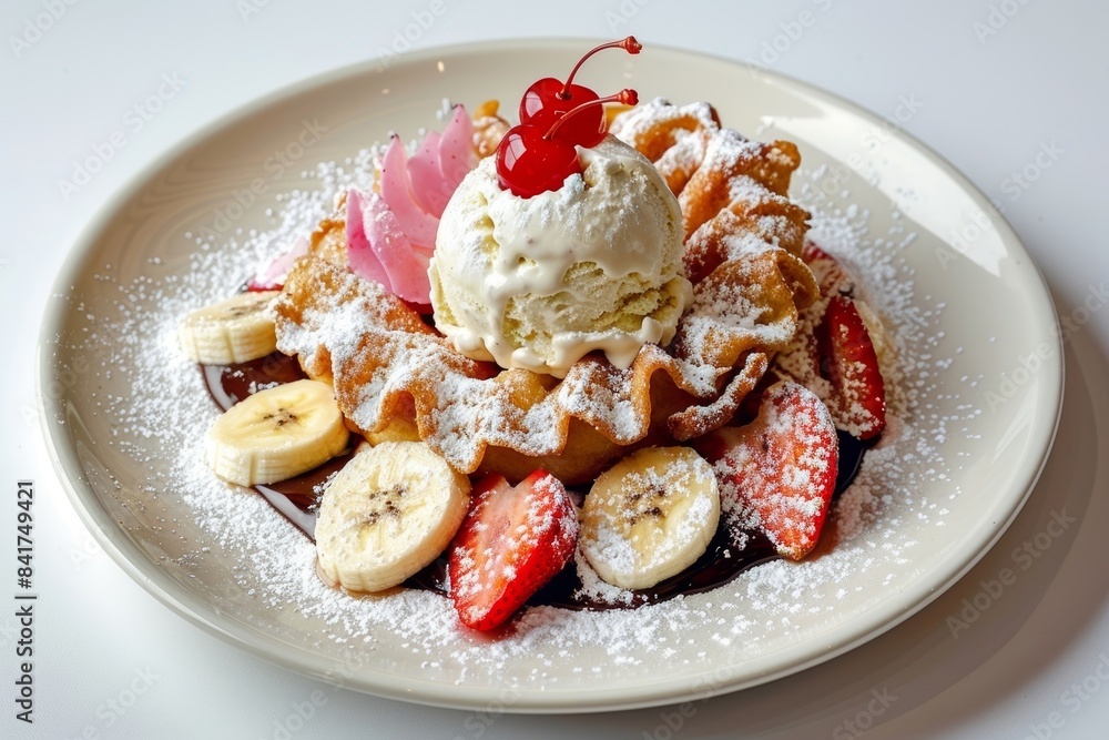 Tempting Banana Split Funnel Cake with Whipped Cream Tempting Banana Split Funnel Cake with Whipped Cream