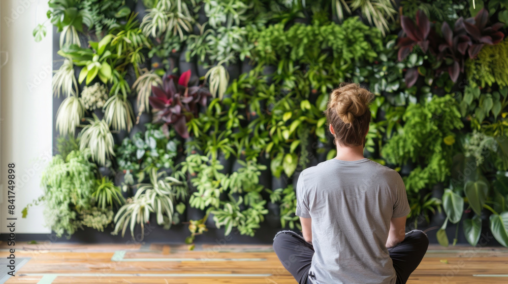 Employee taking a stretch break by an indoor plant wall Employee taking a stretch break by an indoor plant wall