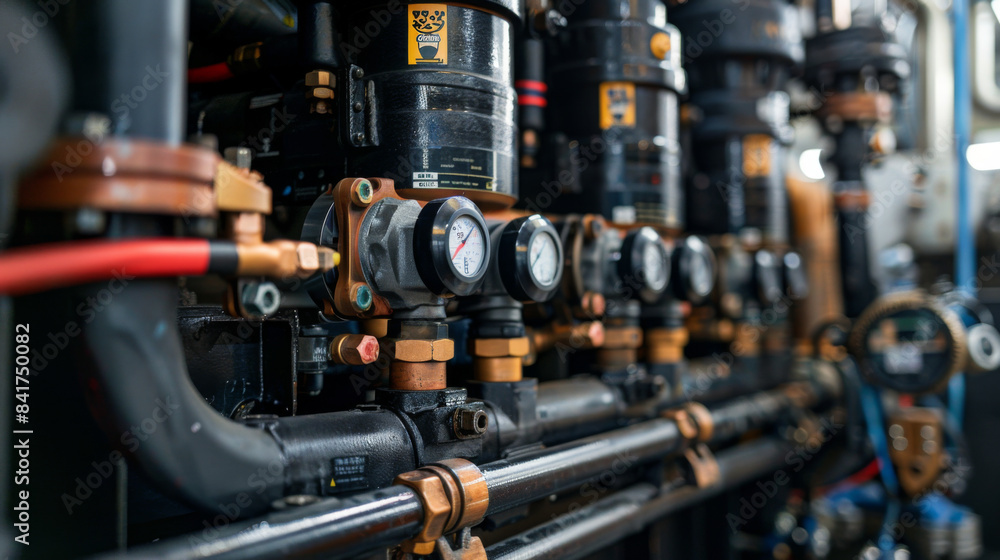 Detailed view of pressure gauges and pipes in an industrial setting, showcasing equipment and machinery in a factory environment. Detailed view of pressure gauges and pipes in an industrial setting, showcasing equipment and machinery in a factory environment.