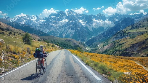 Cycling in Alpine Regions: Capture cyclists riding through alpine regions with majestic mountains, winding roads, and high-tech bikes.
