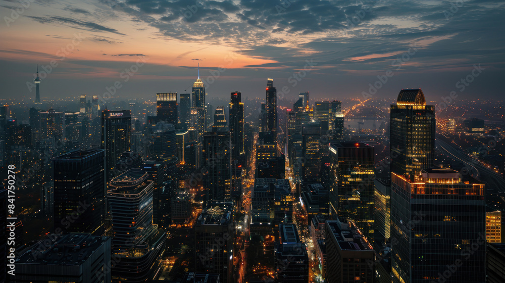 Obraz premium Evening skyline with city lights and bustling streets