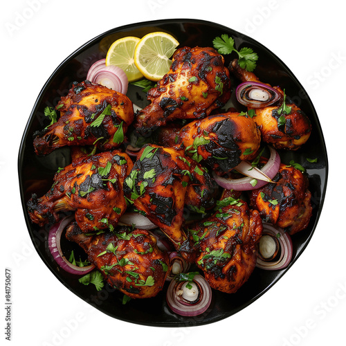 Spicy Tandoori Chicken Drumsticks on Black Plate - Top View, Transparent Background