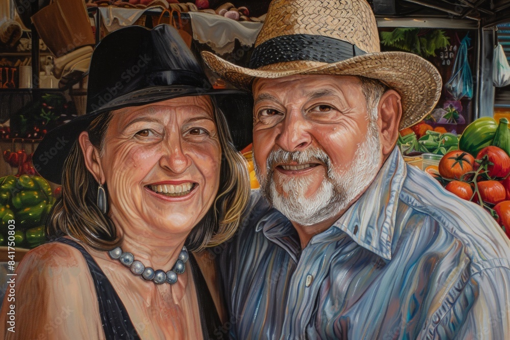 Portrait of a blissful caucasian couple in their 50s donning a classic fedora on bustling urban market Portrait of a blissful caucasian couple in their 50s donning a classic fedora on bustling urban market