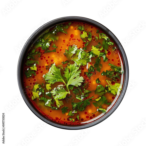 Rasam on Black Plate - Top View, Transparent Background photo