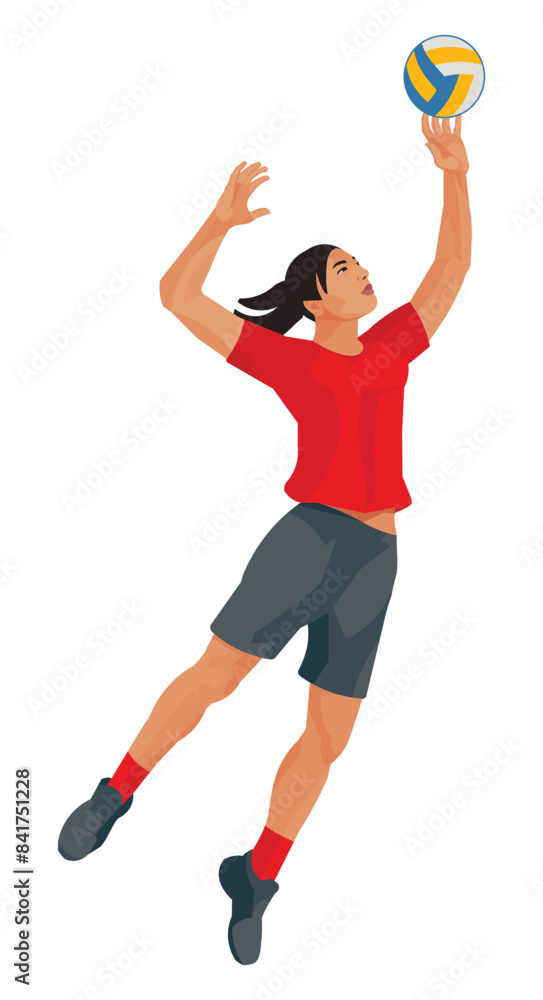 Figure of an East Asian women's volleyball girl player in a red sports uniform jumps high and catches the ball Figure of an East Asian women's volleyball girl player in a red sports uniform jumps high and catches the ball