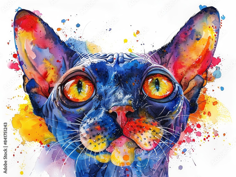 Fototapeta Colorful watercolor painting of a cat with vibrant details and expressive eyes, splashes of paint enhance the artistic impression.